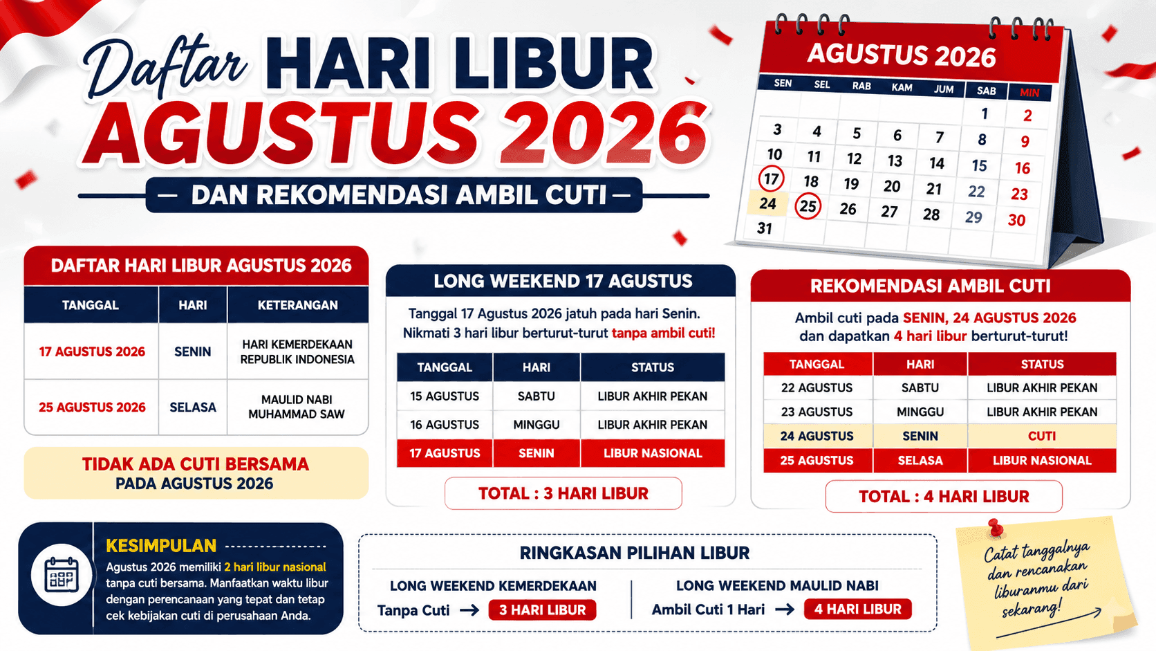 Daftar Hari Libur Agustus 2026 dan Rekomendasi Ambil Cuti