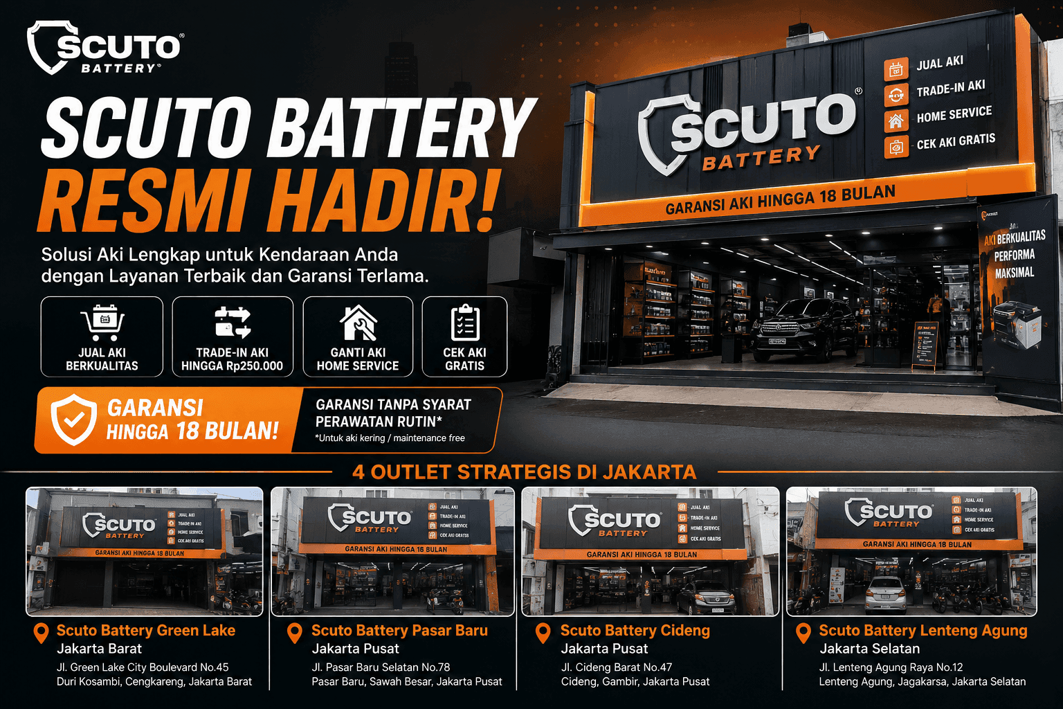 Scuto Battery Resmi Hadir! Ganti Aki Kini Lebih Mudah dengan Garansi Hingga 18 Bulan